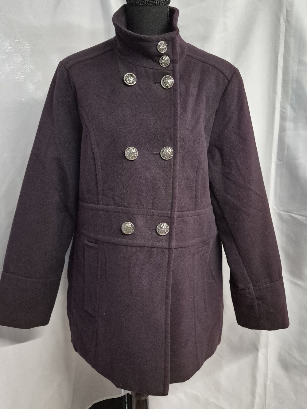 Liz Claiborne Deep Plum Purple Double-Breasted Pea Coat
